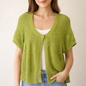 Liz & Co Green Knit Short Sleeve Cardigan Sweater Button Front Sz Large Y2K